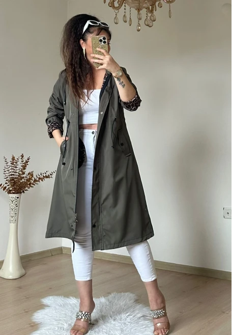 Patlı Trençkot Haki Büyük Beden