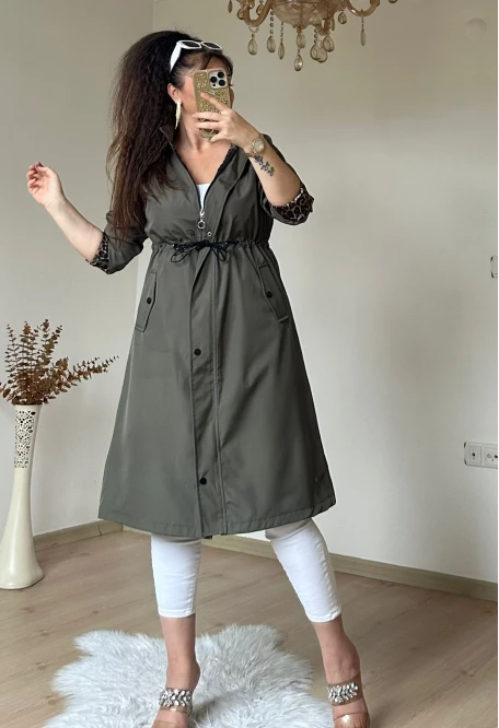 Patlı Trençkot Haki Büyük Beden