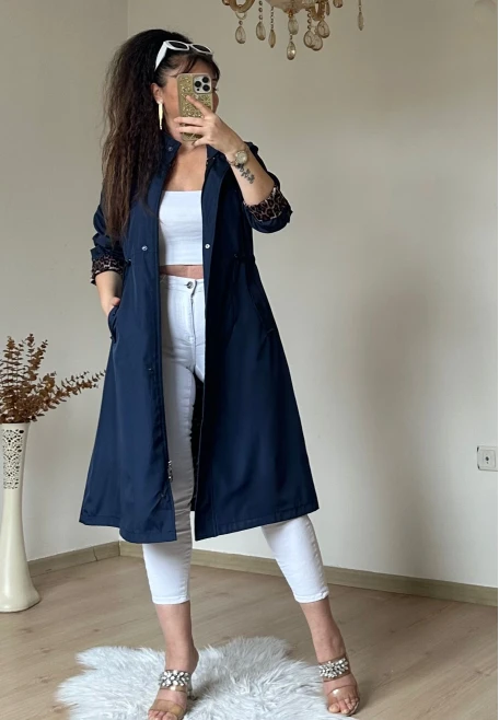 Patlı Trençkot Lacivert Büyük Beden