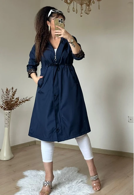 Patlı Trençkot Lacivert Büyük Beden