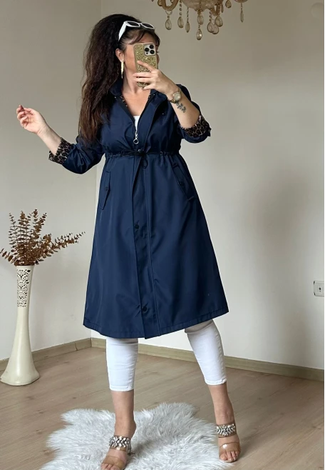 Patlı Trençkot Lacivert Büyük Beden