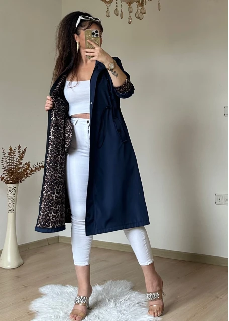 Patlı Trençkot Lacivert Büyük Beden