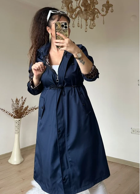 Patlı Trençkot Lacivert Büyük Beden