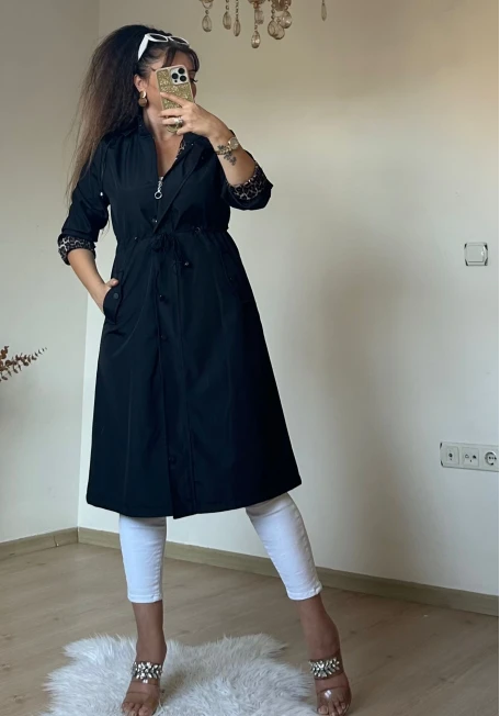 Patlı Trençkot Siyah Büyük Beden