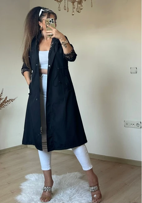 Patlı Trençkot Siyah Büyük Beden
