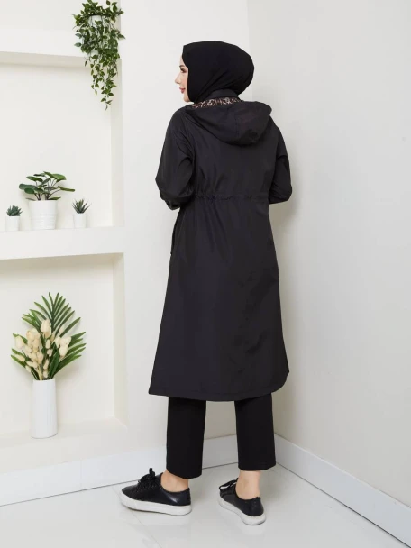 Patlı Trençkot Siyah Büyük Beden
