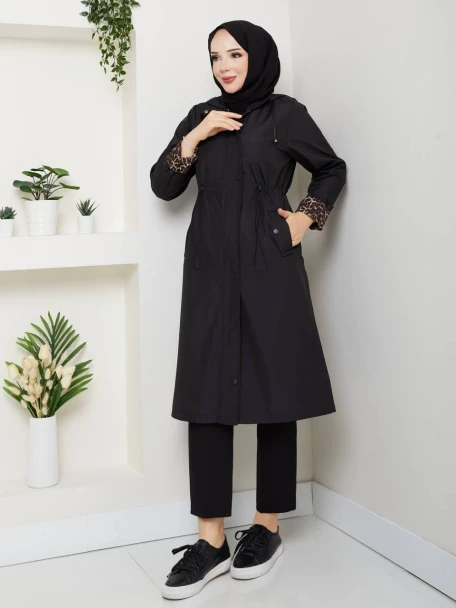 Patlı Trençkot Siyah Büyük Beden