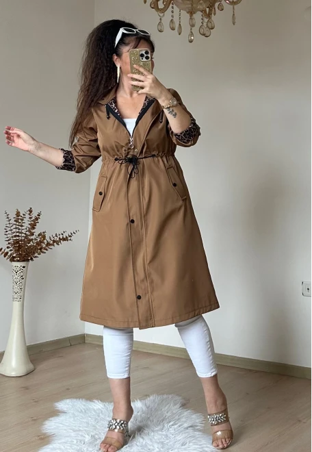 Patlı Trençkot Taba Büyük Beden