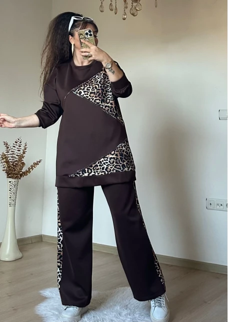 Piramıt Taşlı Leopar Takım Kahve