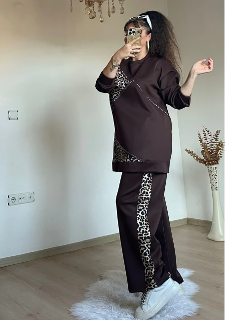 Piramıt Taşlı Leopar Takım Kahve
