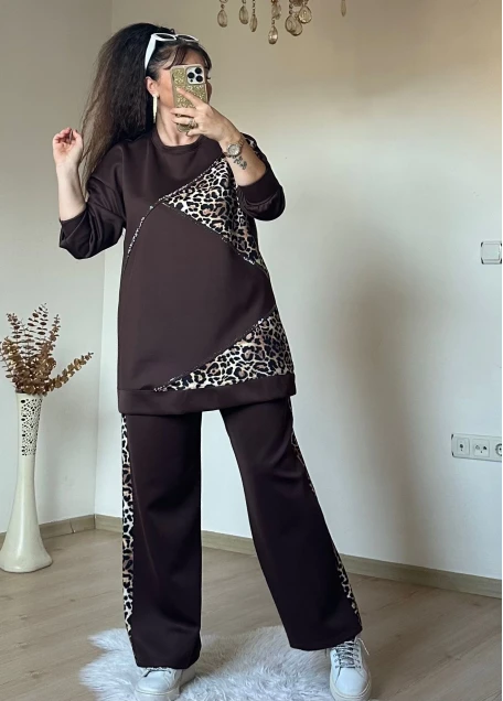 Piramıt Taşlı Leopar Takım Kahve