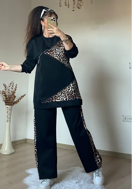 Piramıt Taşlı Leopar Takım Siyah