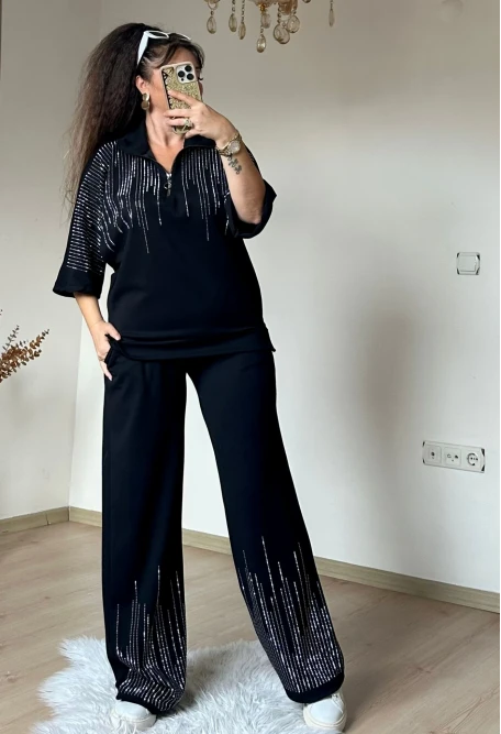 Prenses Taşlı Takım Sıyah