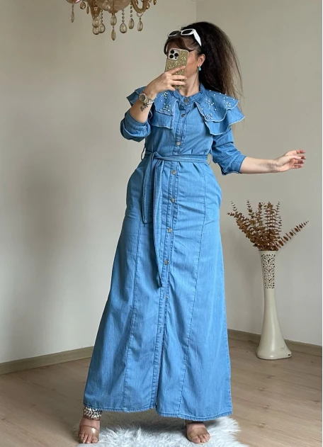 Prenses Yaka Kot Elbise Açık Mavi