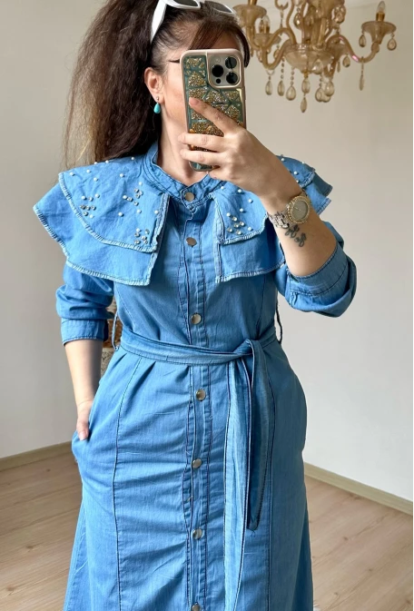 Prenses Yaka Kot Elbise Açık Mavi