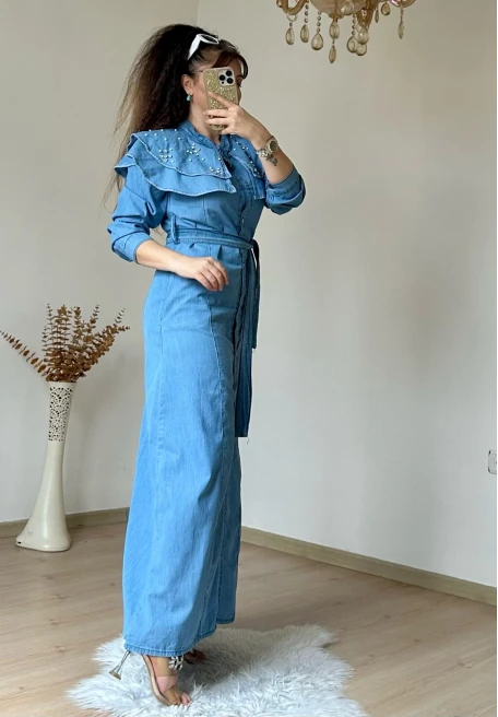 Prenses Yaka Kot Elbise Açık Mavi