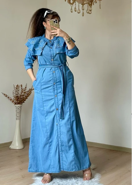 Prenses Yaka Kot Elbise Açık Mavi