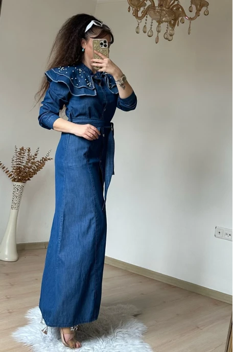 Prenses Yaka Kot Elbise Koyu Mavi