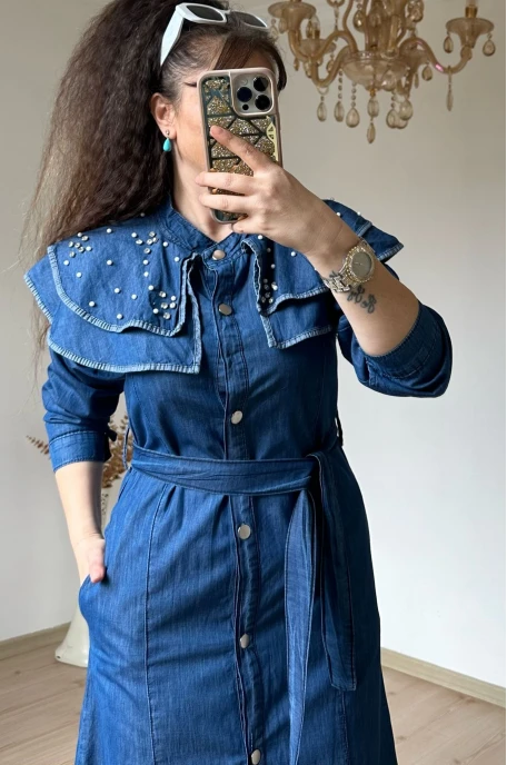 Prenses Yaka Kot Elbise Koyu Mavi