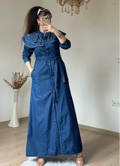 Prenses Yaka Kot Elbise Koyu Mavi