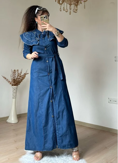 Prenses Yaka Kot Elbise Koyu Mavi