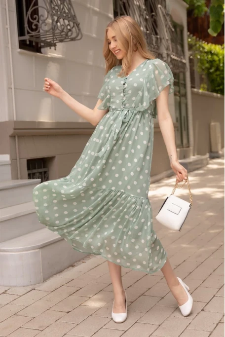 Puanlı Kolu Fırfırlı Şifon Elbise Yeşil