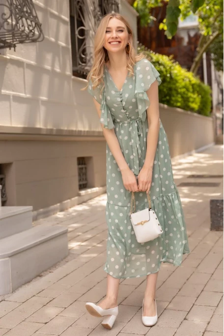 Puanlı Kolu Fırfırlı Şifon Elbise Yeşil