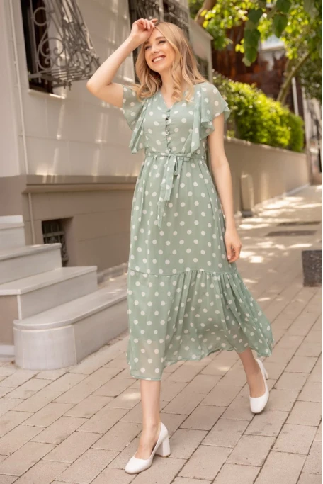 Puanlı Kolu Fırfırlı Şifon Elbise Yeşil