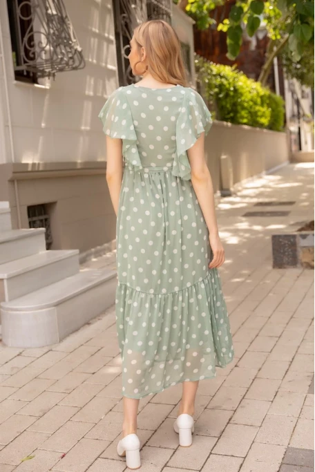 Puanlı Kolu Fırfırlı Şifon Elbise Yeşil