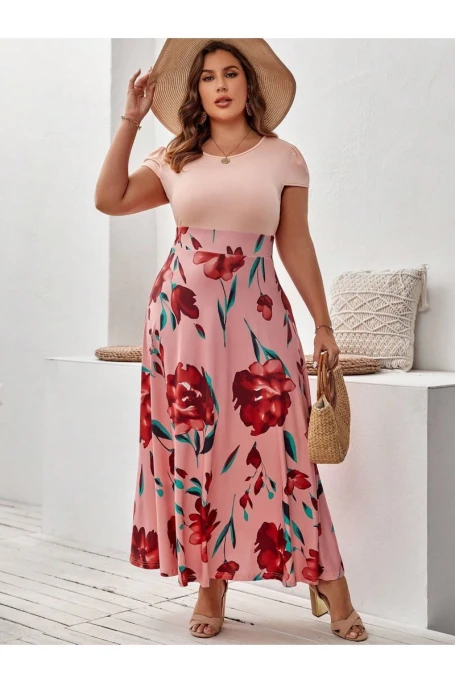 Pudra İri Gül Desen Viskon Elbise