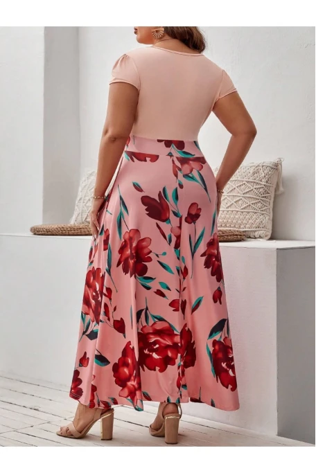 Pudra İri Gül Desen Viskon Elbise