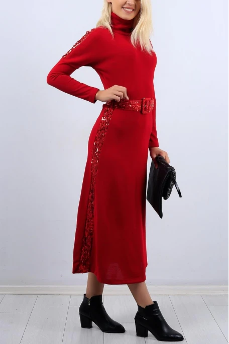 Pul Detaylı Triko Elbise KIRMIZI