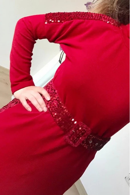 Pul Detaylı Triko Elbise KIRMIZI