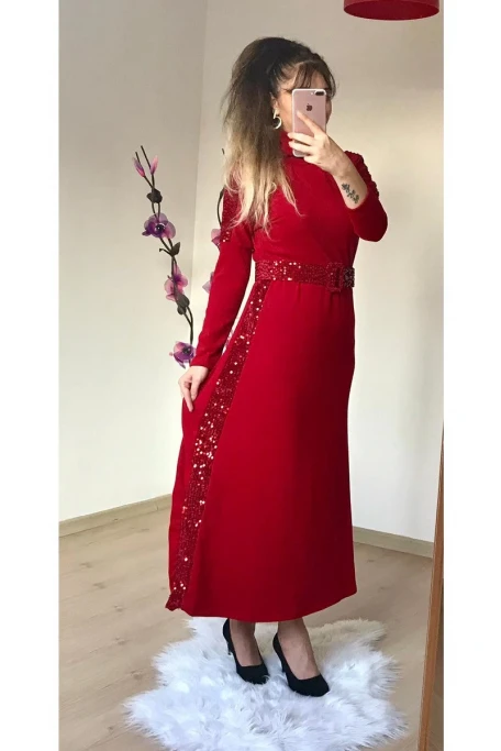 Pul Detaylı Triko Elbise KIRMIZI