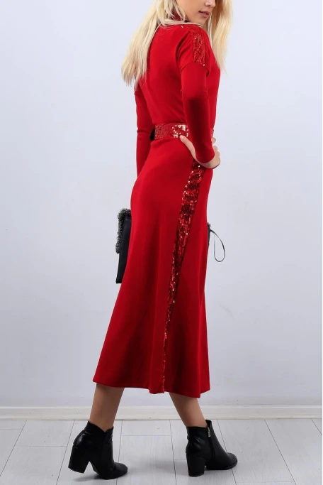 Pul Detaylı Triko Elbise KIRMIZI