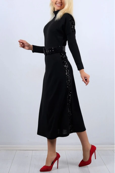 Pul Detaylı Triko Elbise SİYAH