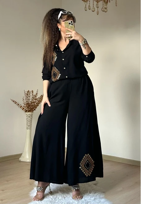 Pul İşlemeli Pantalon Etekli Takım