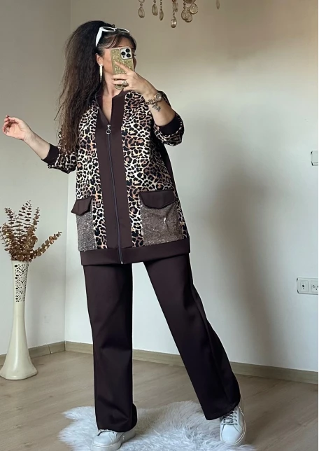Pul Payetli Leopar Takım Kahve