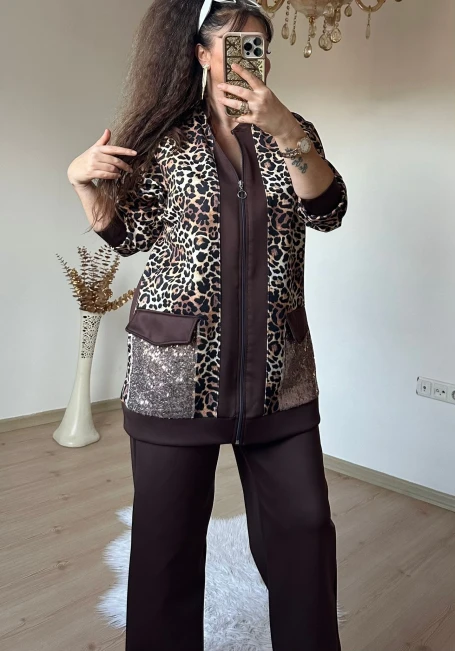 Pul Payetli Leopar Takım Kahve