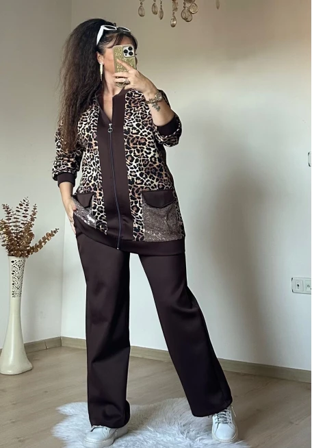 Pul Payetli Leopar Takım Kahve