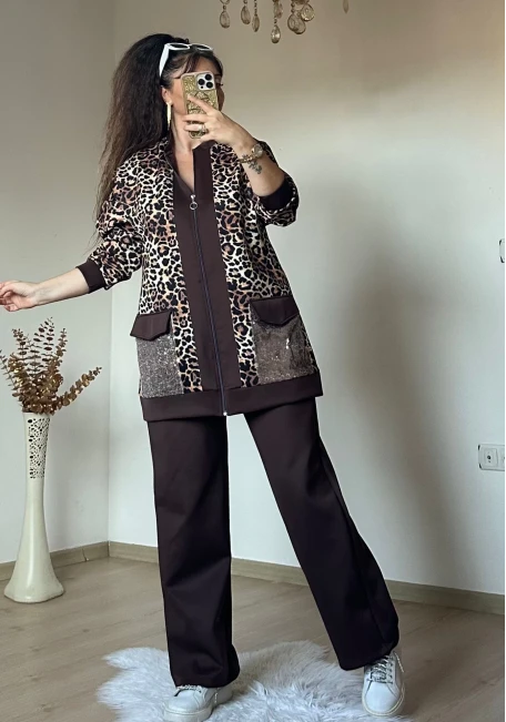 Pul Payetli Leopar Takım Kahve