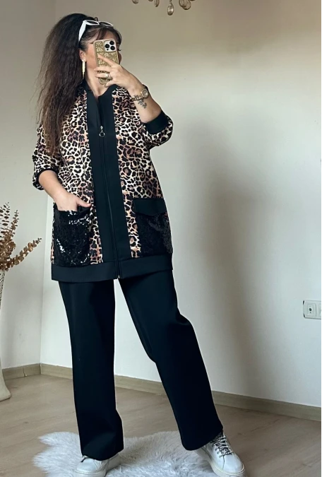Pul Payetli Leopar Takım Siyah