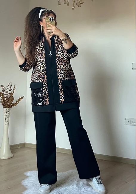 Pul Payetli Leopar Takım Siyah