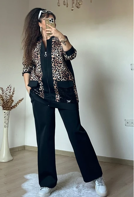 Pul Payetli Leopar Takım Siyah
