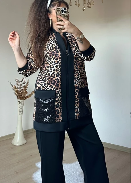 Pul Payetli Leopar Takım Siyah