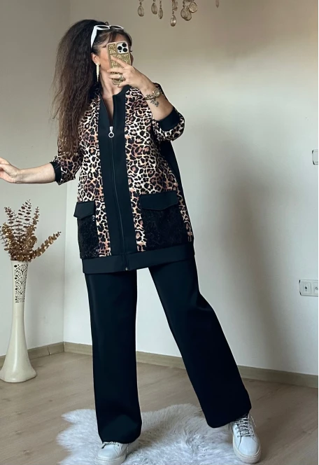 Pul Payetli Leopar Takım Siyah