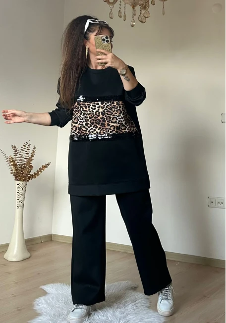 Pul Şeritli Leopar Takım Siyah