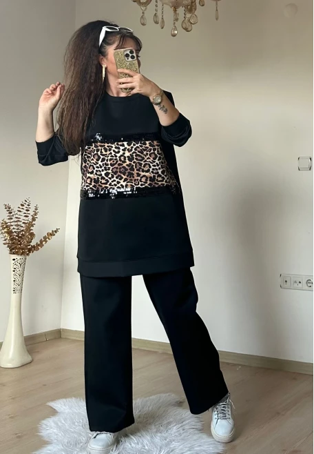 Pul Şeritli Leopar Takım Siyah