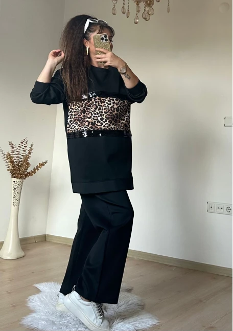 Pul Şeritli Leopar Takım Siyah