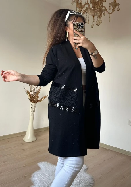 Pul Ve Kabartma Detaylı Tunik Hırka Siyah